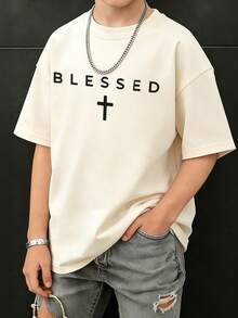1件青少年男童休闲印花短袖T恤，夏季学生上衣 - 杏色 - 查看 3