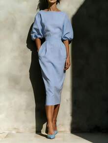 Gaun Kasual Elegan Warna Biru dengan Kerah Bulat, Lengan Pendek, Panjang Sedang, Saku Samping, Belahan Belakang, Cocok untuk Pesta, Acara Formal Bisnis, Pernikahan, dan Pakaian Kantor Musim Panas - Baby Blue - View 5