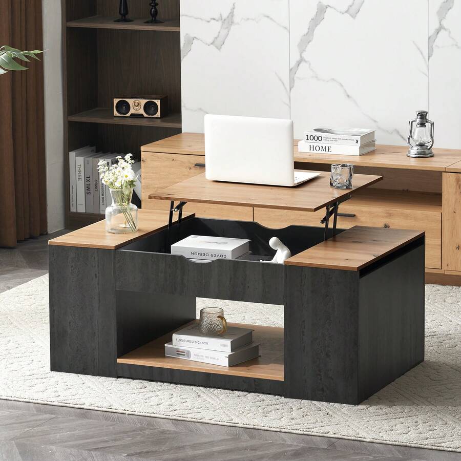Coffee Table WF311892AAZ With Lift-Top Function - 109.5 Cm, Grey Frame, Elegant Design, Storage Space Under The Tabletop - Gray + Wood - View 1