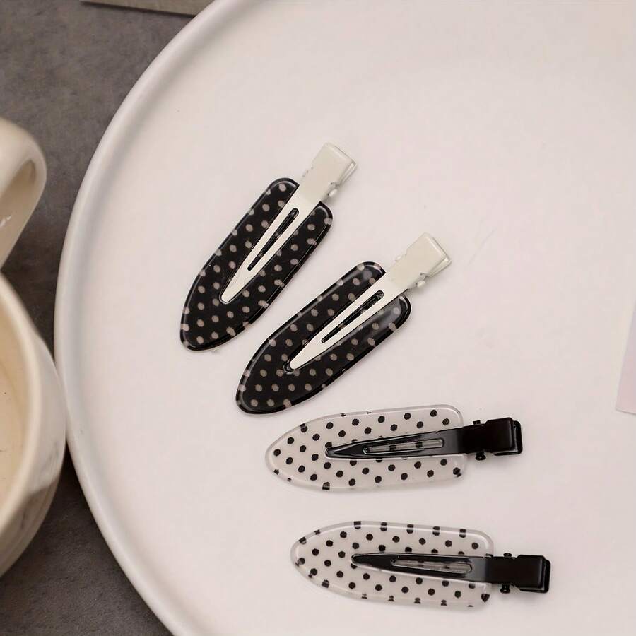 4pcs Sweet Black & White Polka Dot Hair Clips, Retro Bangs Clips Hair Accessories For Women - Black+White - View 1