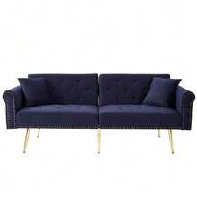 Modern 2-Seater Sofa Bed – Velvet Upholstery, 3-Position Adjustable Backrest & Gold-Plated Metal Feet. Stylish Sofa With Sleeping Function – Space-Saving, Durable, Ideal For Small Rooms. - 藍色 - 查看 12