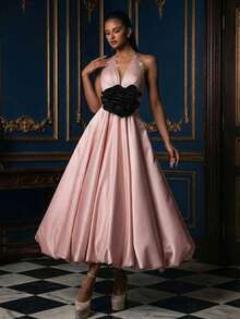 Vestido largo con vuelo sin mangas y espalda descubierta con detalle de volantes, para ocasiones formales, fiestas, bodas y primavera - Rosa Pálido - Ver 3