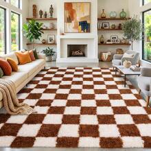 Soft Shaggy Area Rug For Living Room, Thick Fuzzy Rug For Bedroom, Modern Spring Decor Aesthetic, Upgrade Non-Slip Fluffy Carpet, Ideal Gift For Mother's Day Housewarming, Easter, Dry Clean Only, With 4 Carpet Stickers, Beige & Coffee Brown Plaid - Lưới cà phê màu be - Xem 4