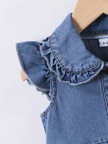 Girls' Denim Collar Ruffle Sleeve Button Down Dress, Baby GirlCute Dual Bow Pocket Decor Denim Skirt - Medium Wash - View 3