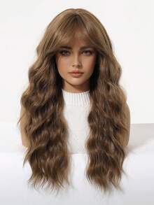 22 Inch Long Water Wave Wigs With Medium Part Bangs For Women, Honey Brown Synthetic Wig, Heat Resistant Natural Looking Curly Fake Hair For Daily Party Cosplay - Brown - View 6