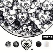 25/28颗黑白心形硅胶珠套装，心形和花朵珠子，可用于DIY钥匙扣、项链、手链、珠宝吊坠，节日和生日礼物 - 黑白愛心系列 - 查看 16