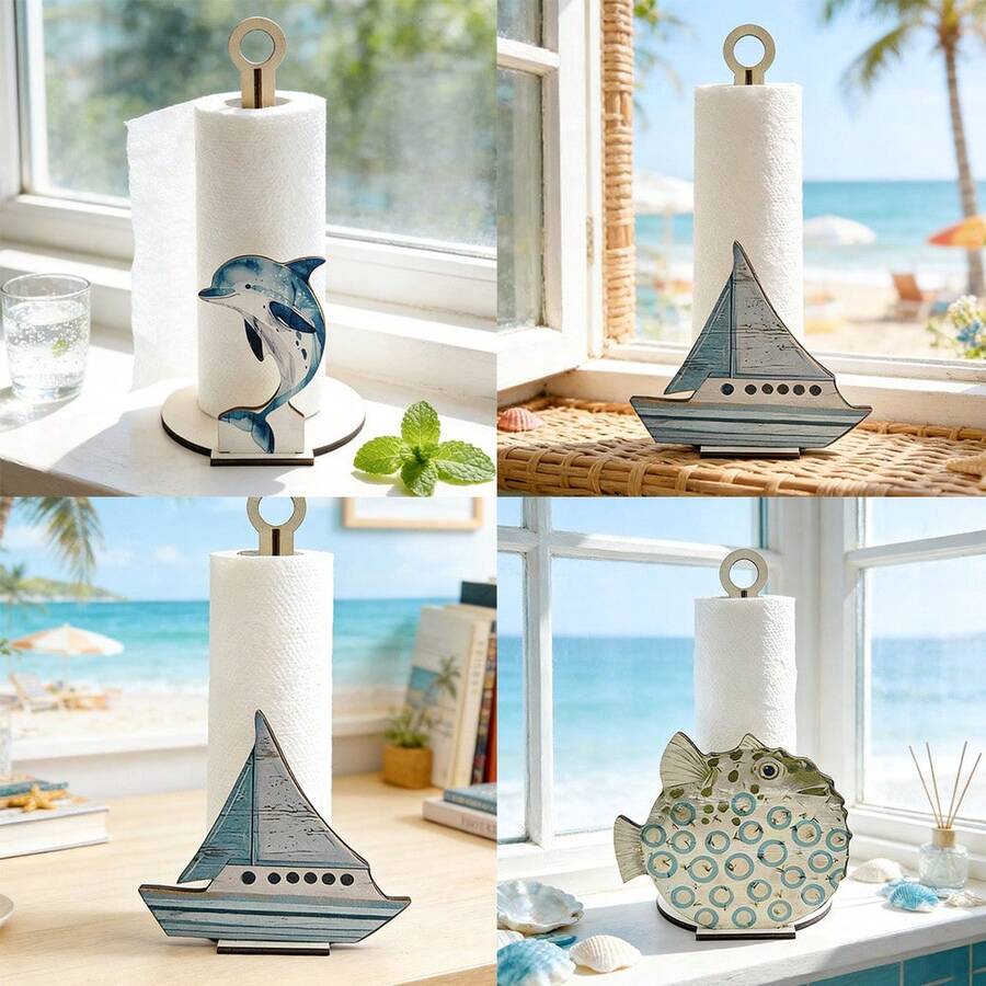 1/3pcs Farmhouse Kitchen Freestanding Paper Towel Stand. Wooden Ocean Animal Theme Paper Roll Organizer Rack. Blue Dolphin, Sailboat And Blowfish Design. For Kitchen Counter Storage, Coastal Home Decors. - Multicolor - View 1