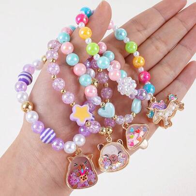 1 pieza Pulsera con cuentas con encanto de gato, capibara, unicornio con forma de corazón, llena de corazones coloridos, estrellas y lentejuelas, mejor regalo para niñas
