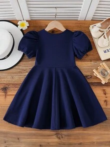 Toddler Girls' Solid Color Bubble Short Sleeve Dress With Faux Button Decor, Daily Wear - Navy Blue - View 2