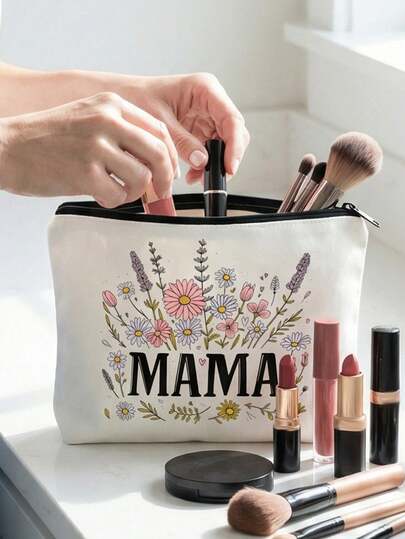 1个妈妈化妆包，印有“妈妈”字样和花卉图案 - 送给妈妈的礼物，母亲节礼物，妈妈生日礼物，多功能旅行化妆包，可重复使用的化妆包，轻便的洗漱用品收纳包，拉链收纳袋，可存放化妆品、刷子和配件 - 非常适合居家、旅行和户外使用，时尚有趣的女性洗漱用品收纳包，新年、情人节和斋月礼物