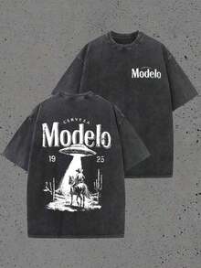 Graphic Tees Men Double Sided Washed Printing Modelo UFO Cowboy Graphic Water Gifts Ropa De Hombre Summer Clothes Summer Summer Tops - 黑色 - 查看 1