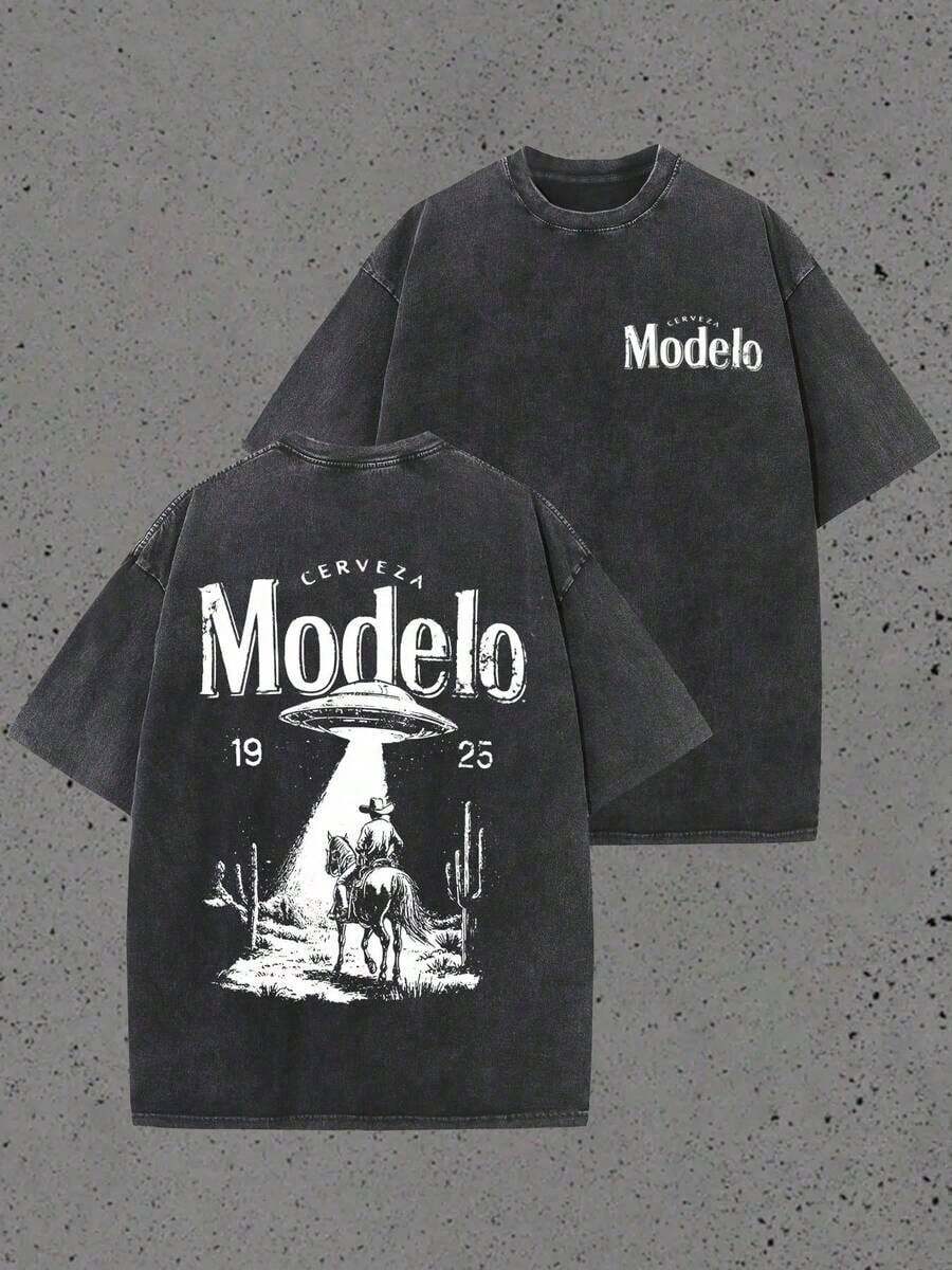 Graphic Tees Men Double Sided Washed Printing Modelo UFO Cowboy Graphic Water Gifts Ropa De Hombre Summer Clothes Summer Summer Tops - 黑色 - 查看 1