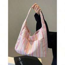 Large Capacity Women Cloth Tote Bag, Shoulder Bag, Casual Stripe Fabric Handbag , Pink , Beach - 藍色 - 查看 7