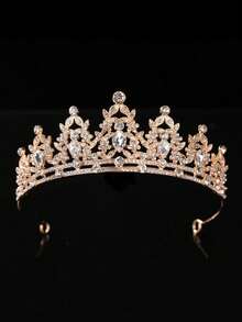 1pc Women's Red Gold Rhinestone Bridal Crown, Elegant Elegant Suitable For Wedding, Ball, Party Wear Bride Headband - Gold - View 4