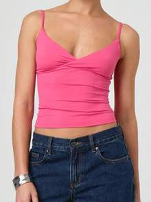 Women's Cropped Cami Tops Sleeveless Open Back V Neck Solid Color Slim Fit Tank Tops - Hot Pink - View 1