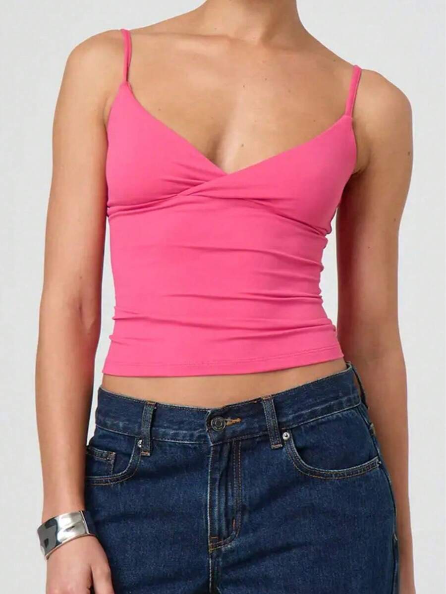 Women's Cropped Cami Tops Sleeveless Open Back V Neck Solid Color Slim Fit Tank Tops - Hot Pink - View 1