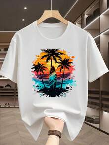 Vintage Men's T-Shirt With Surfboard, Palm Tree And Sunset Pattern Print, Retro Beach Style, Unique Top, Summer Top. - 白色 - 查看 6
