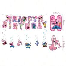 Disney 史迪奇主题派对装饰套装，粉色生日彩旗，蛋糕装饰，莉萝与史迪奇生日甜点桌用品 - 彩色 - 查看 5
