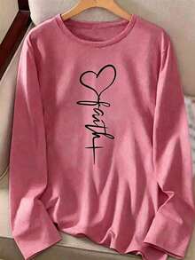 1pcLadies Long Sleeve Loose Crew Neck Top, Elegant Solid Color Polyester Knit T-Shirt, Autumn And Winter Fashion, Love Design Suitable For Women Casual White SpringY2K, Soft And Skin-Friendly, The Best Gift,Skin-Friendly And Comfortable, With A Unique Style - 粉色 - 查看 2
