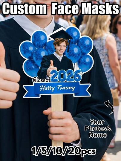 Abanico de foto personalizado con cinta de globo de graduación, se puede imprimir el nombre, regalo de fiesta de graduación, decoración de fiesta, accesorio de fiesta de ingreso, pegatinas de rostro personalizadas, adecuado para todo tipo de fiestas como celebraciones de cumpleaños, ceremonias de mayoría de edad, barbacoas de fin de semana, fiestas de cócteles. Unisex, casual y versátil, personalizable y único. El regalo ideal para hombres, mujeres, novios, novias, familiares y amigos, un símbolo de amor eterno.