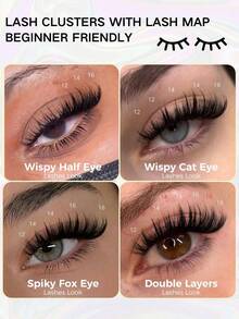 Anime Lash Clusters Kit 9-16mm 140pcs Wet-Look Fairy Eyelash Clusters With Lash Bond&Seal, Tweezer DIY Eyelash Extensions Kit Spiky Manga Individual Lashes Suitable For Daily Wear, Wedding, Date, Party, Music Festival Ultra-Thin Lash Band Lashes, Eyelashes, Fake Lashes DIY At Home - 黑色 - 查看 2
