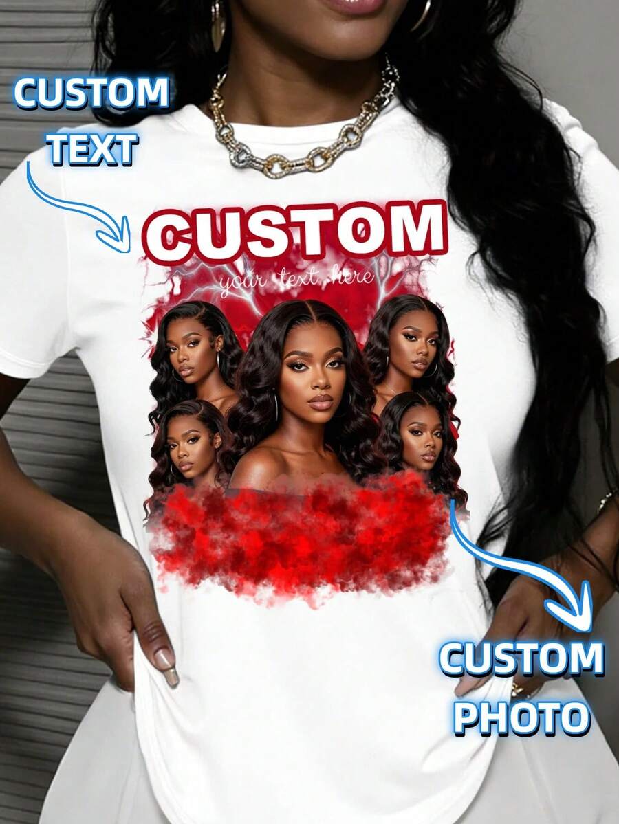 Custom Face T-Shirt, Custom 90s Hip Hop T-Shirt, Add Your Favorite Photos And Text (Girlfriend/Couple/Family/Selfie/Pet/Friend Photos) - White - View 1