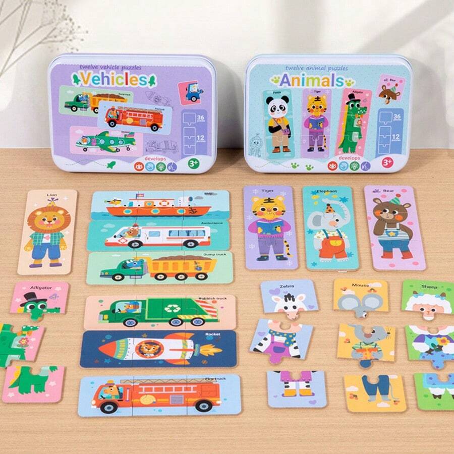 Kids Cartoon Animal & Vehicle Pattern Tin Box Matching Puzzle, Early Learning Cognition Educational Toy, Birthday Gift For Kids