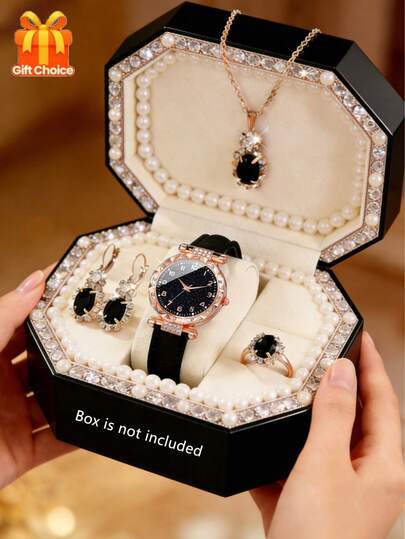 5/1 pieza Reloj de cuarzo con esfera numérica elegante de moda para mujer, emparejado con un conjunto de joyería de collar, anillo y aretes con cristales a la moda, adecuado como regalo de cumpleaños/festivo para damas, excelente para uso diario, escuela, fiesta, viaje