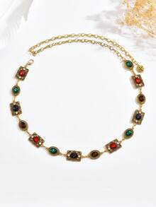 1pc Retro Punk Geometric Square & Oval Gold Metal Chain Body Chain, Fashionable Versatile Accessory For Tops, Dresses, Suitable For Daily Wear, Dances, Parties, Gatherings, And A Great Gift For Her - Gold - View 3