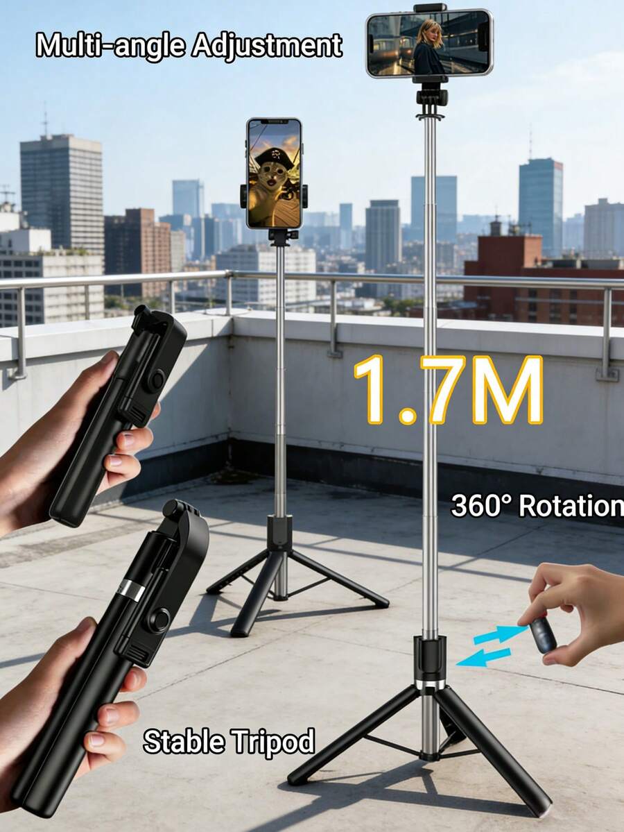 1 buah Tongkat Selfie yang Dapat Diperpanjang dengan Dudukan Ponsel, Tripod Ponsel Pintar Rotasi 360° dengan Remote Nirkabel, Cocok untuk iPhone/Ponsel Android, Penting untuk Perjalanan, Aktivitas Luar Ruangan, Siaran Langsung, Perekaman Video Stabil