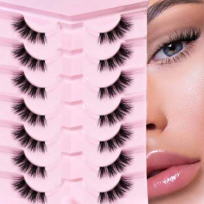 7对3/4长度猫眼假睫毛，透明睫毛柄，精致自然，非常适合修饰眼角，透明睫毛柄，条状假睫毛，睫毛，假睫毛