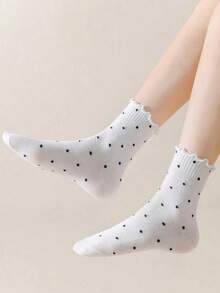 6pairs Ruffle Polka Dot Cute Student White Sport Crew Socks, Autumn/Winter, Fall - 彩色 - 查看 8