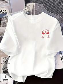 Bộ sưu tập mới Xuân Hè dành cho nữ: Áo thun cotton trắng dáng rộng với họa tiết ly rượu màu hồng, hoàn hảo cho sự thoải mái thường ngày, kết hợp giữa phong cách cổ điển và tối giản. - trắng - Xem 4