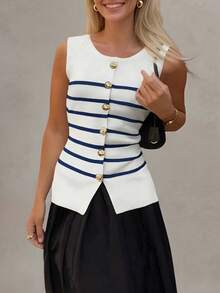 Áo vest công sở không tay cổ tròn, cài khóa kim loại phía trước, kiểu dáng retro thanh lịch Marisole, áo len dệt kim kẻ sọc tối giản dành cho nữ, thích hợp cho mùa xuân, hè và thu. - Nhiều màu - Xem 2