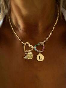 1 PC Gold Double&Colorful Heart Buckle Letter Necklace, With Luxury Eight Pointed Star And A-Z 26 Letter Pendant Necklace,Stainless Steel Chain, For Work, Daily Life, Banquets, Decor, Unique And Luxury Necklace - Yellow Gold - View 27