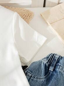 Young Girls 2-Piece Set: Gray Sequin Bow Decor Short Sleeve Top + Wide Leg Denim Pants, Summer - White - View 7