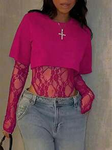 corta de mujer de encaje transparente de manga corta, body sexy de unicolor con parches de encaje transparente para uso diario, citas, fiestas de solteros, actuaciones en el escenario, elegante para primavera/verano en color negro - Rosa Fucsia - Ver 3