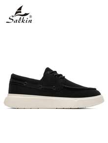 Salkin 男士设计师德比鞋，系带设计，柔软仿麂皮皮革，时尚平价，品牌质感，舒适圆头乐福鞋，优雅绅士运动鞋，纯色防滑耐磨厚底，休闲日常穿着，情侣装，派对，节日礼物，春夏秋季皆宜，尺码偏小，建议选购大一码。 - 黑色 - 查看 3