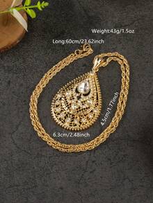 1件摩洛哥风格女士项链吊坠，水滴形雕刻水钻宝石新娘项链，60厘米长链，夏季，珠宝 - 金色 - 查看 4