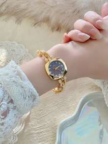 1pc Gold Square Bracelet Women's Quartz Watch Exquisite Compact And Fashionable Suitable For Daily Matching Birthday/Graduation Gifts Casual - Gold - View 4