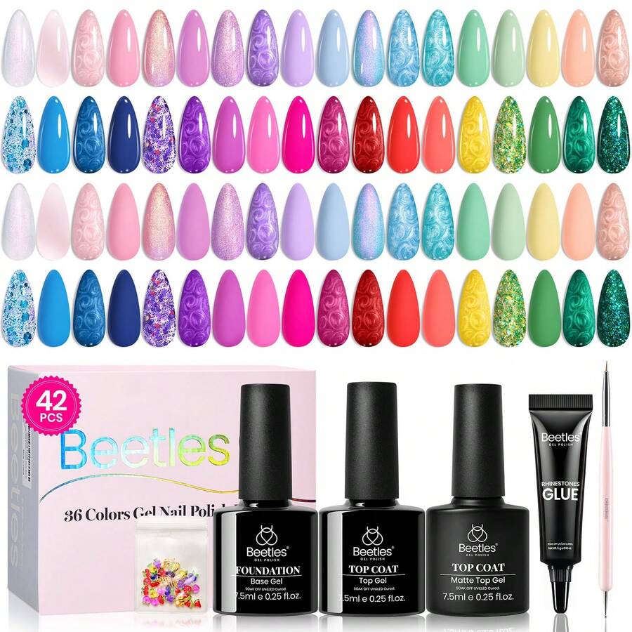 Beetles 42Pcs 36 Colors Woodland Fairy Collection Gel Nail Polish Set, Blue Pink Purple Orange Shimmer Glitter Shades With Nail Art Rhinestone, Soak Off UV Gel, Spring Gifts For Women Girls - 42 món, 36 màu sắc, chủ đề Tiên rừng. - Xem 1