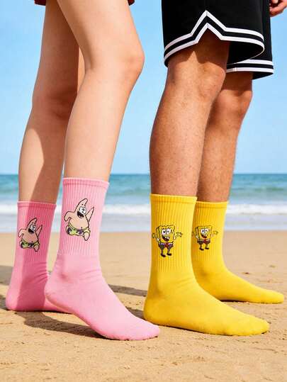 SpongeBob SquarePants 2 Pairs Cartoon Socks, Fashionable Versatile Casual Socks, Unisex Sports Socks