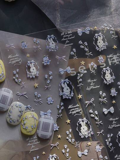 1pc 5D Shiny Kawaii Lily Valley Rabboit Nail Art Stickers Cartoon Exquisite Purple Animals Flower Self Adhesive Transfer Sliders Nail Art Decor Stickers DIY Decals