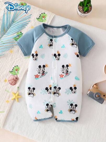 Disney 1件装迪士尼男婴可爱米妮印花连体衣套装，短袖连体裤，柔软舒适，夏季户外服装