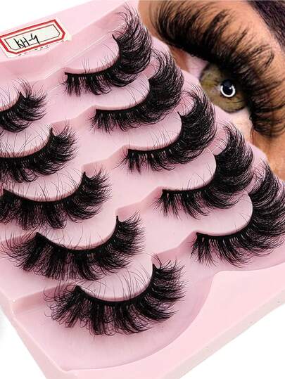 HBZGTLAD 5 Pairs Extra Long & Thick False Eyelashes, Natural Fluffy Wispy Cat Eye Lashes, Densely Curled Faux Mink 3D Fluffy Russian Lash Extensions, Reusable For Daily Wear & Practice