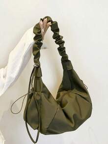 1 Pc Nylon Fabric Multi-Pocket Dumpling Style Casual Pleated Drawstring Crossbody Shoulder Bag Women, Soft Relaxed Versatile Hobo Look , Green AIOR - xanh quân đội - Xem 9