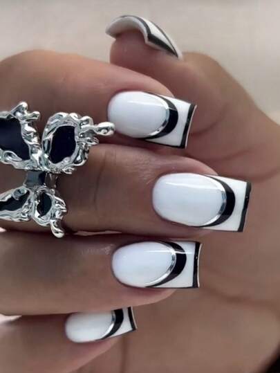 24 Pieces Black And White French V-Shaped Wearable Armor Press On Nails Fake Nails Nail Supplies Y2k Nails Nails Square Nail Art