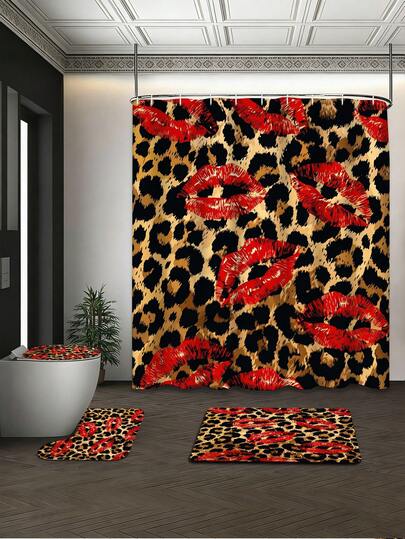 1/3/4 Peças Conjunto de Banheiro Vintage Y2K com Estampa de Leopardo e Lábios Vermelhos, Incluindo Cortina de Chuveiro, Tapete de Banheiro, Tampa de Assento Sanitário, Tapete em Forma de U, 12 Ganchos, Adequado para Todas as Estações, Design Sexy de Estampa Animal Selvagem e Lábios Vermelhos, Tecido de Poliéster à Prova d'Água e Resistente a Mofo, Lavável, Ótimo para Decoração Doméstica, Renovação de Aluguel, Renovação de Banheiro para Feriados, Separação de Áreas Secas e Úmidas, Presente de Inauguração/Aniversário/Dia das Crianças/Dia das Mães/Dia dos Pais