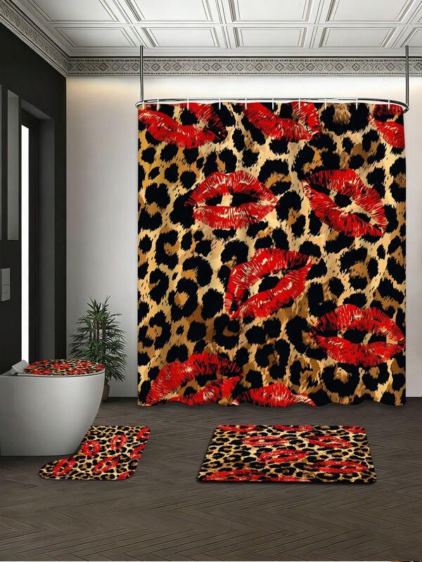 Set de baie vintage Y2K cu imprimeu leopard și buze roșii, 1/3/4 piese, inclusiv perdea de duș impermeabilă, covoraș de baie moale antiderapant, husă pentru scaun de toaletă, covoraș în formă de U cu 12 cârlige, potrivit pentru acasă de zi cu zi, renovare de închiriere, reîmprospătare a băii de sărbători, separare a dușului, cadou de casă nouă/zi de naștere/Ziua Copilului/Ziua Mamei/Ziua Tatălui