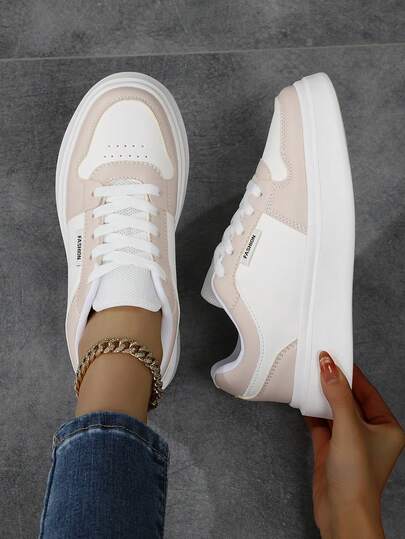 女士撞色滑板鞋，休闲系带户外运动鞋，舒适低帮运动鞋